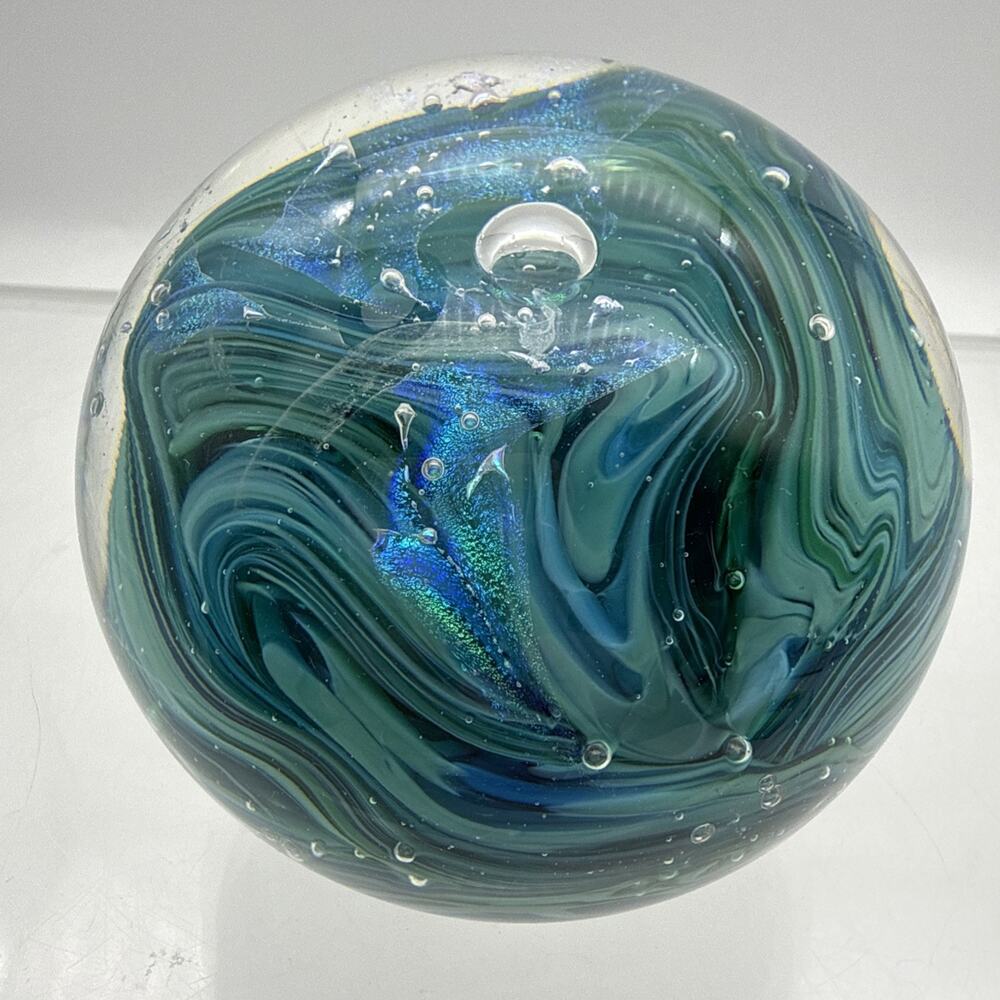 Signed Blue Green Swirl Art Glass Paperweight Control Bubbles Metallic Accents